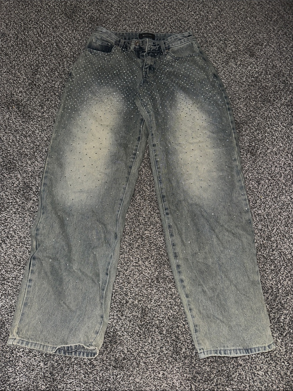 White Fox Boutique Women's Washed Gray Studded Boyfriend Jeans